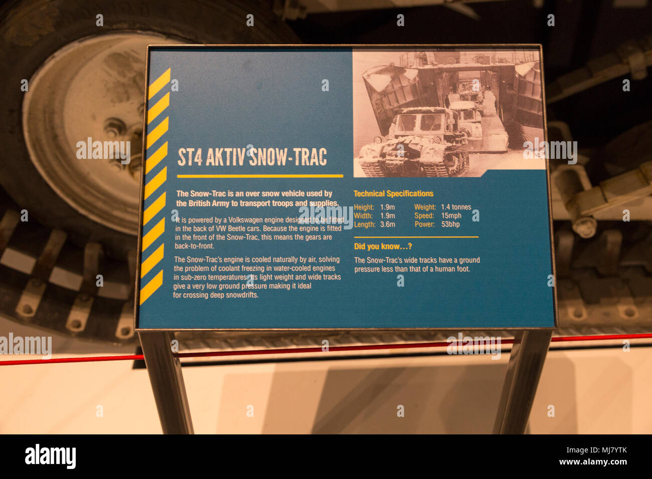Information panel about ST4 AKTIV SNOW-TRAC vehicle, REME museum, MOD Lyneham, Wiltshire, England, UK Stock Photo