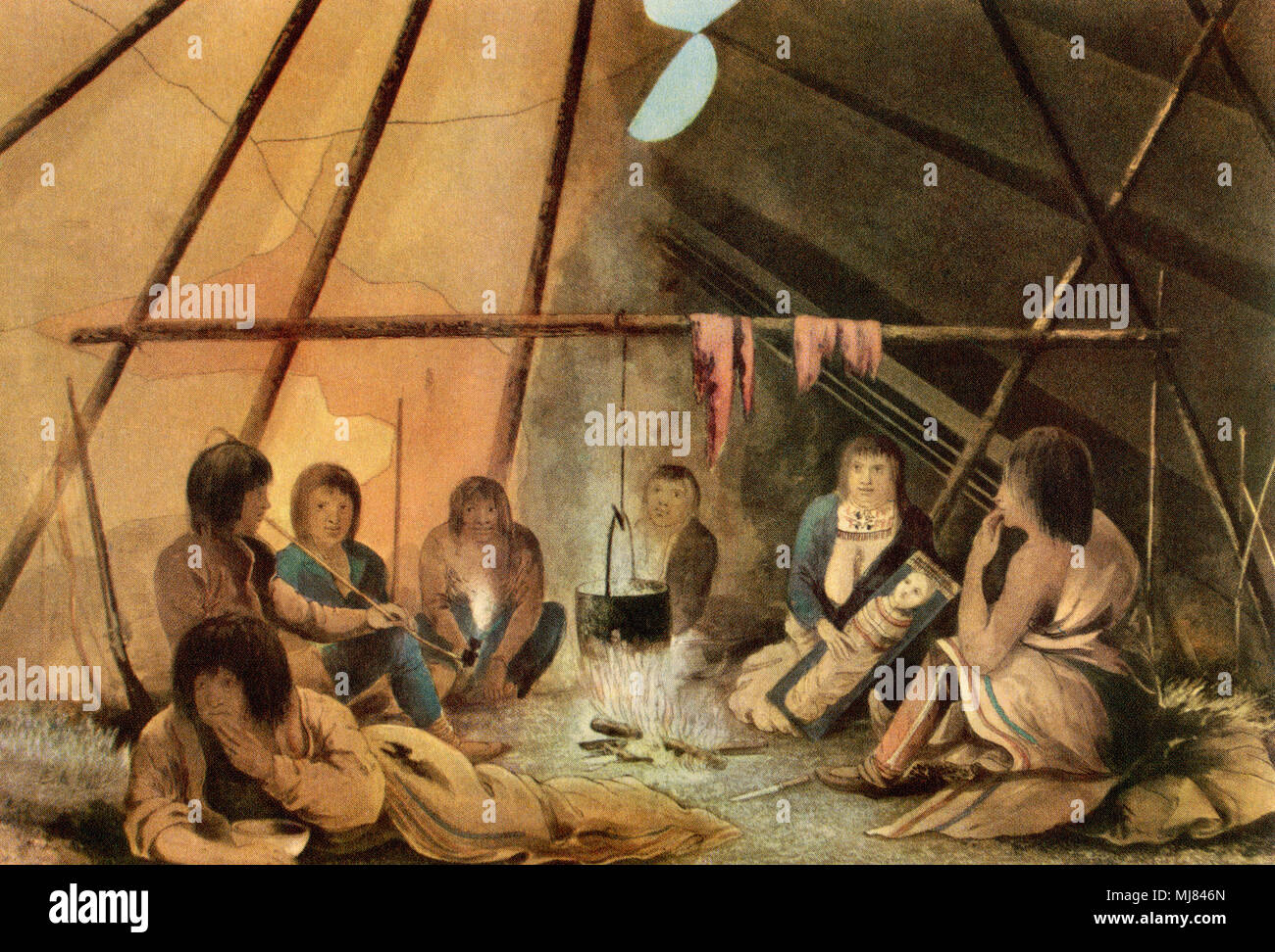 Interior of a Cree Indian Tent. After a coloured aquatint from Sir John Franklin's Narrative of a Journey to the Shores of the Polar Sea, 1819-1822.  From British Polar Explorers, published 1943. Stock Photo