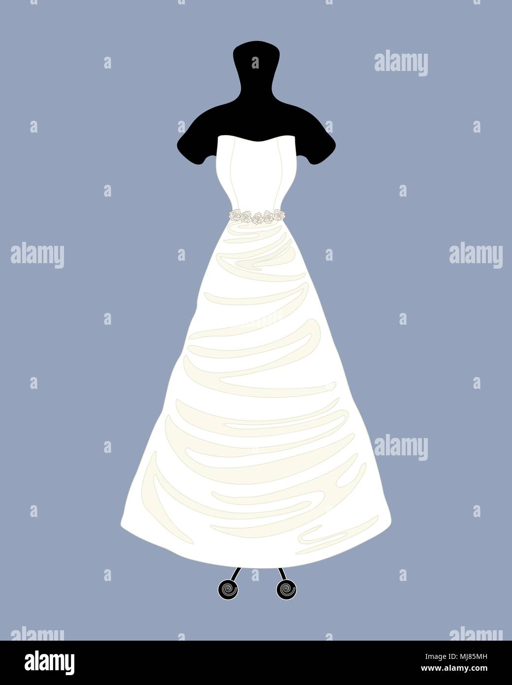 a vector illustration in eps 8 format of a beautiful designer wedding dress in an A linel gown style with a full skirt on a blue background Stock Vector