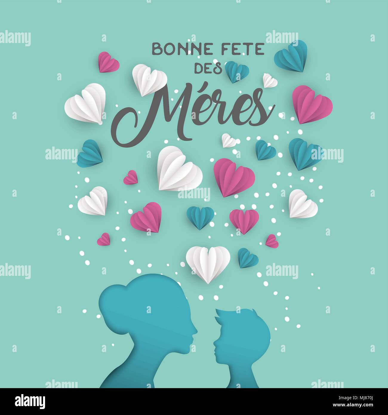 Happy Mothers Day Holiday Greeting Card Illustration In French Language Pink Paper Cut Mom And Little Boy Silhouette Cutout With 3d Heart Shape Paper Stock Vector Image Art Alamy