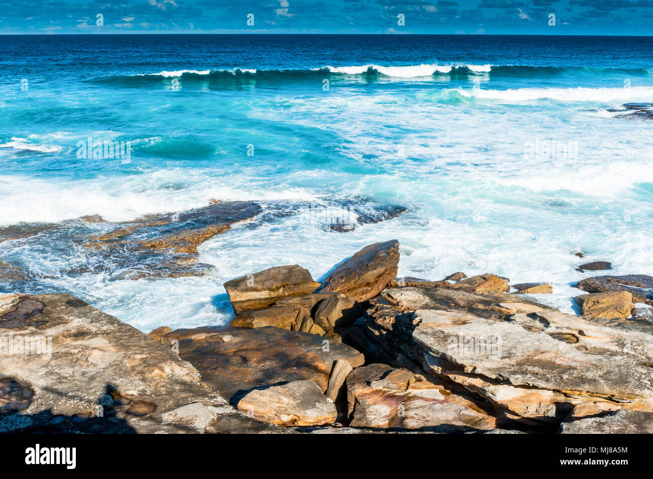 The views of the stunning coastline along the famous Coogee beach walk between Coogee and Bondi Beach ,Sydney, New South Wales , Australia. Stock Photo