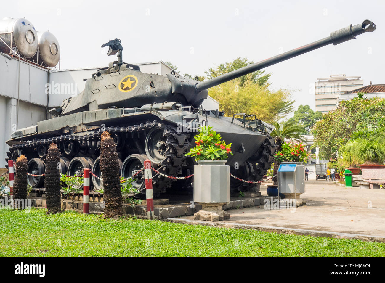 An American M41 Walker Bulldog tank used in the Vietnam War on display outside Gia Long Palace now the Ho Chi Minh City Museum, Vietnam. Stock Photo