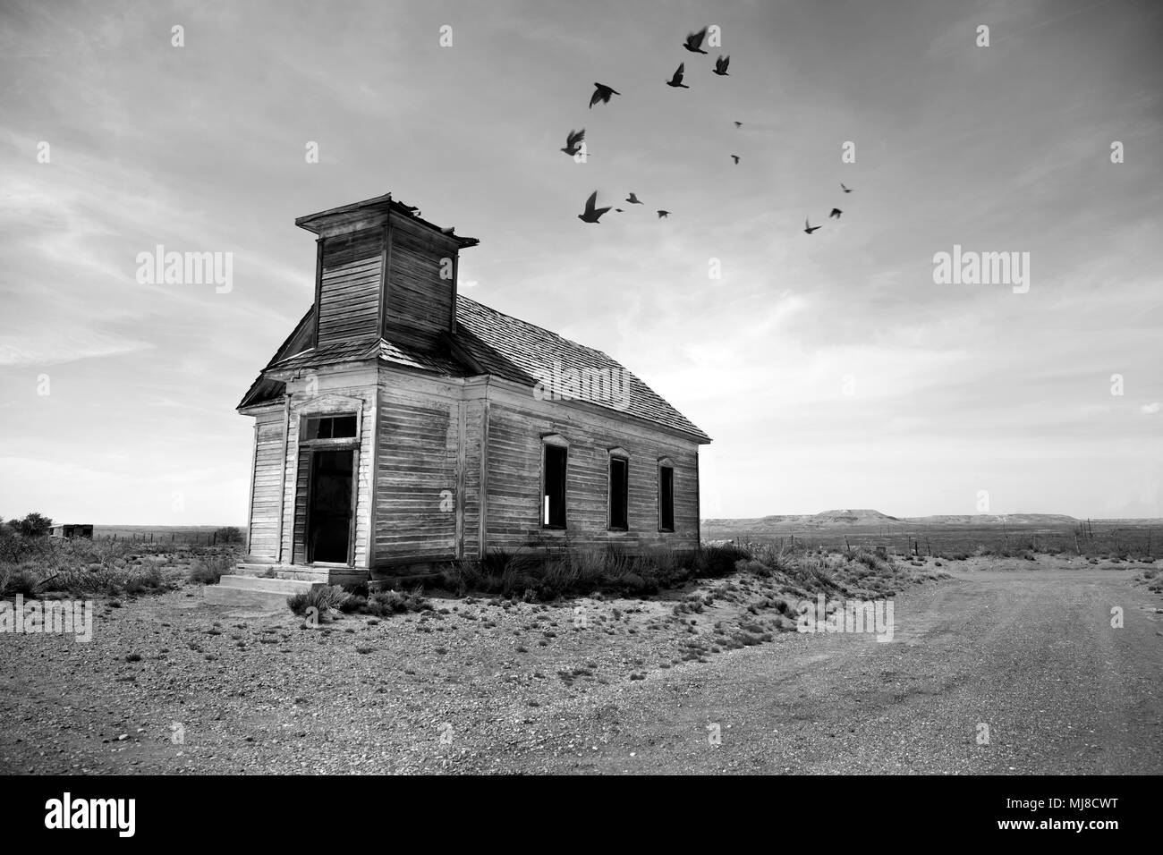 Exterior view of abandoned wooden chapel in remote area, flock of birds in cloudy sky. Stock Photo