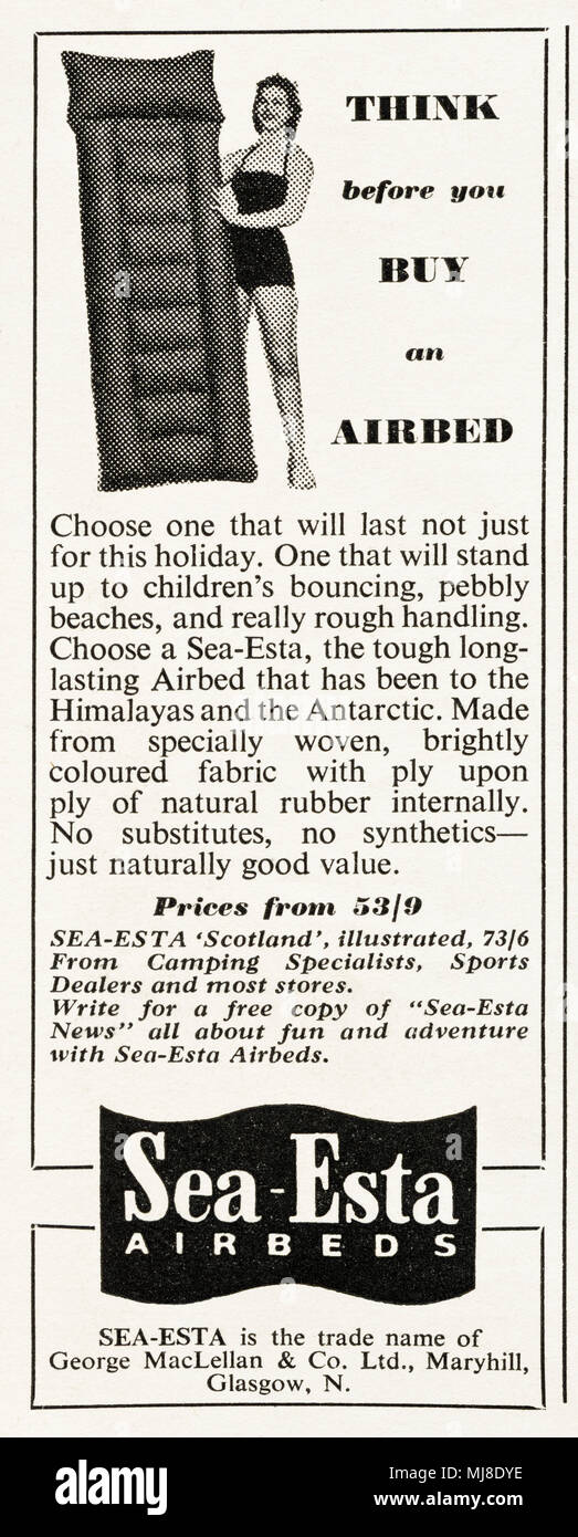 1950s vintage original advertisement advertising Sea-Esta Airbeds by George Maclellan of Maryhill Glasgow Scotland UK in English magazine circa 1958 Stock Photo