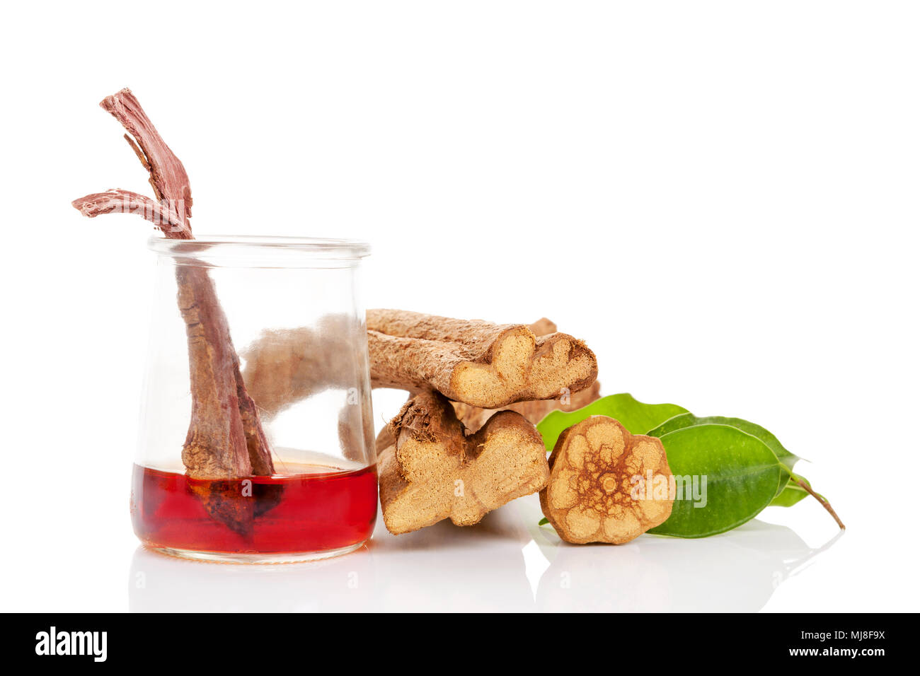 Ayahuasca brew in glass with banisteriopsis caapi wood, psychotria leaves and mimosa hostilis root bark isolated on white background. Stock Photo