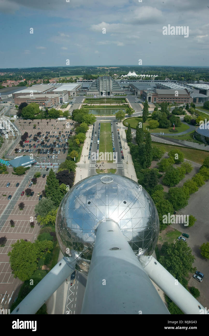 Panoramic view from Atomium building, designed by architect Andre Waterkeyn,  originally constructed for Expo 58 and now a Science and Technology Muse Stock Photo
