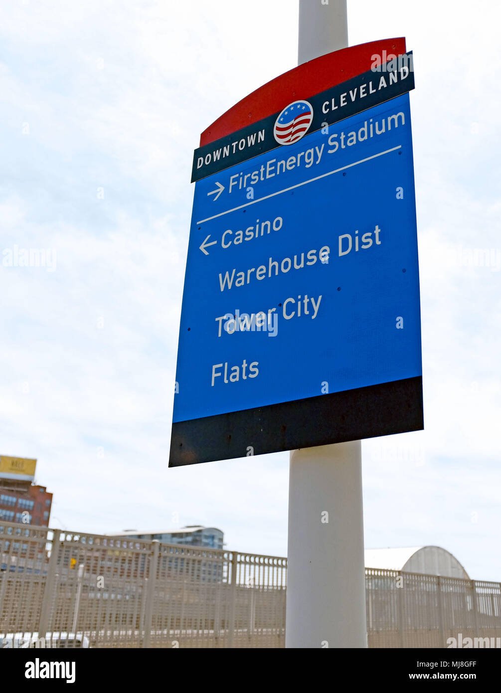 Downtown Cleveland sign pointing to major neighborhoods and attractions in Cleveland, Ohio, USA. Stock Photo