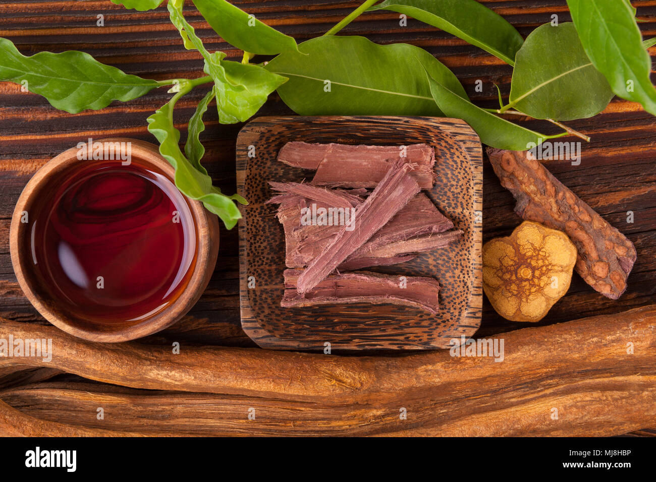 Ayahuasca brew in bowl with ingredients on wooden table from above
