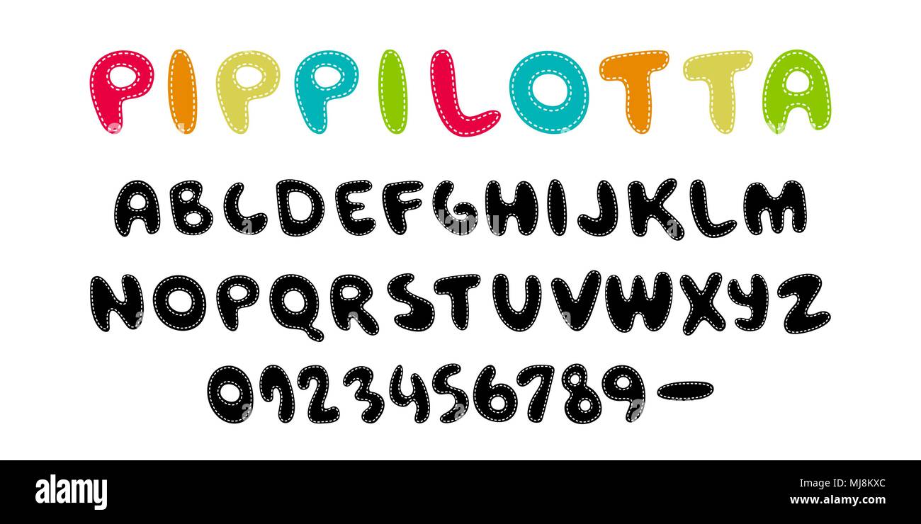 Pippilotta. Hand written display color font Kid style. ABC. Stitched, patched, Decorative funny colored Vector alphabet Stock Vector