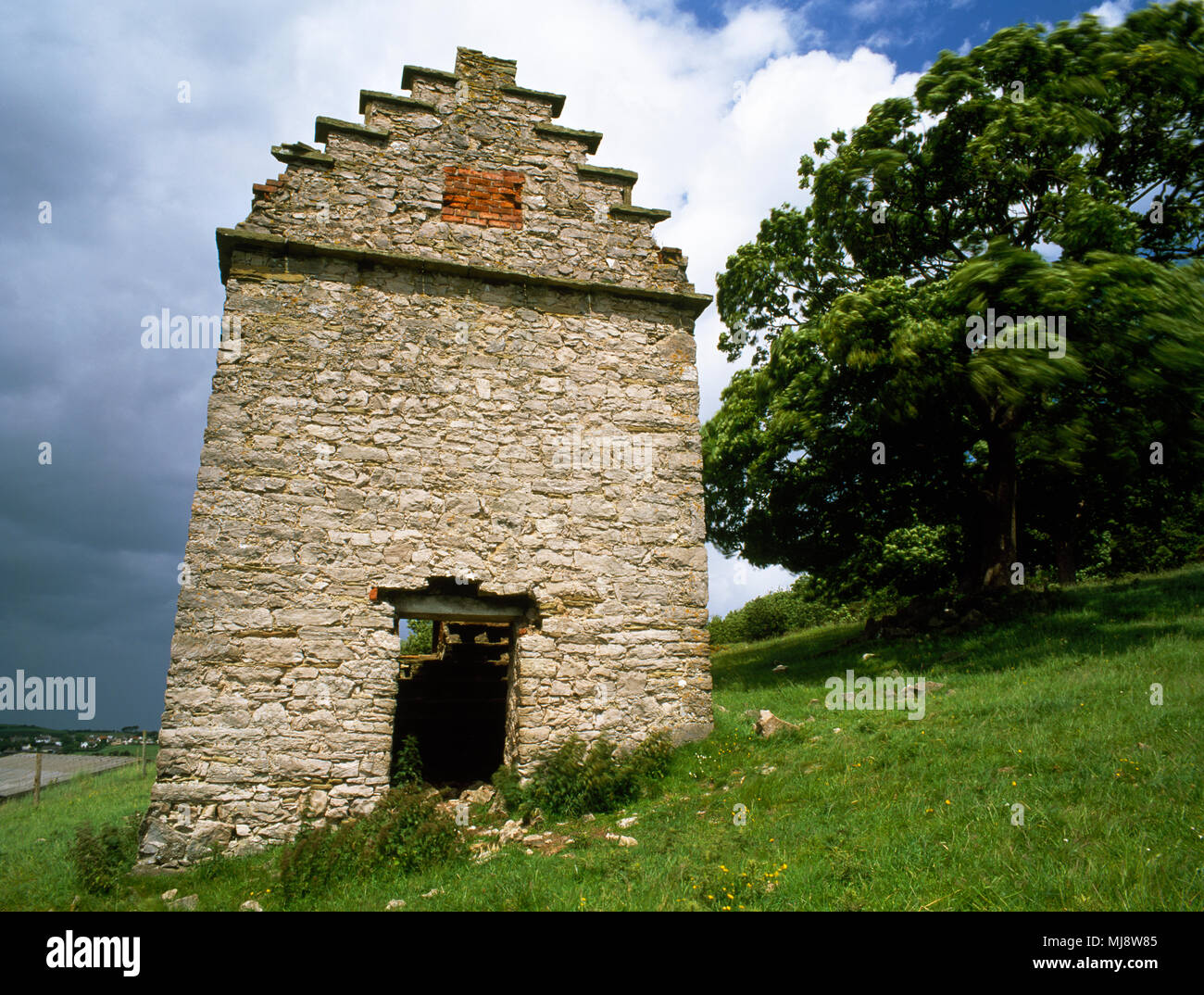 Gop Farm Dovecote, Trelawnyd, Flintshire, North Wales, UK. Ruined  17th century tall square dovecote made from limestone. Listed Building Stock Photo