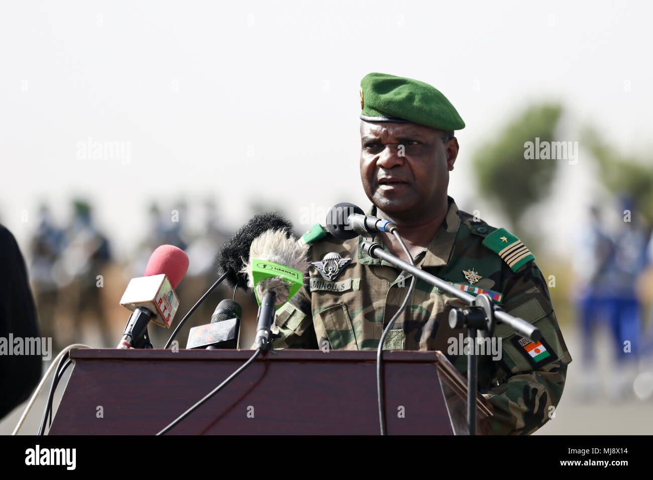 Col. Maj. Sani Mahamane Laminou, Flintlock Exercise Director, speaks during the closing ceremony of Flintlock 2018 in Niamey, Niger, April 20, 2018. Approximately 1,900 service members from more than 20 African and western partner nations are participating in Flintlock 2018 at multiple locations in Niger, Burkina Faso, and Senegal. (U.S. Army Photo by Sgt. Heather Doppke/79th Theater Sustainment Command) Stock Photo