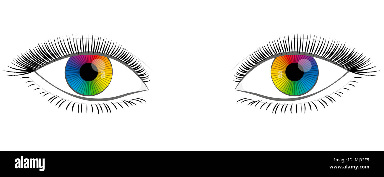 Rainbow colored contact lenses. Female eyes - illustration on white background. Stock Photo