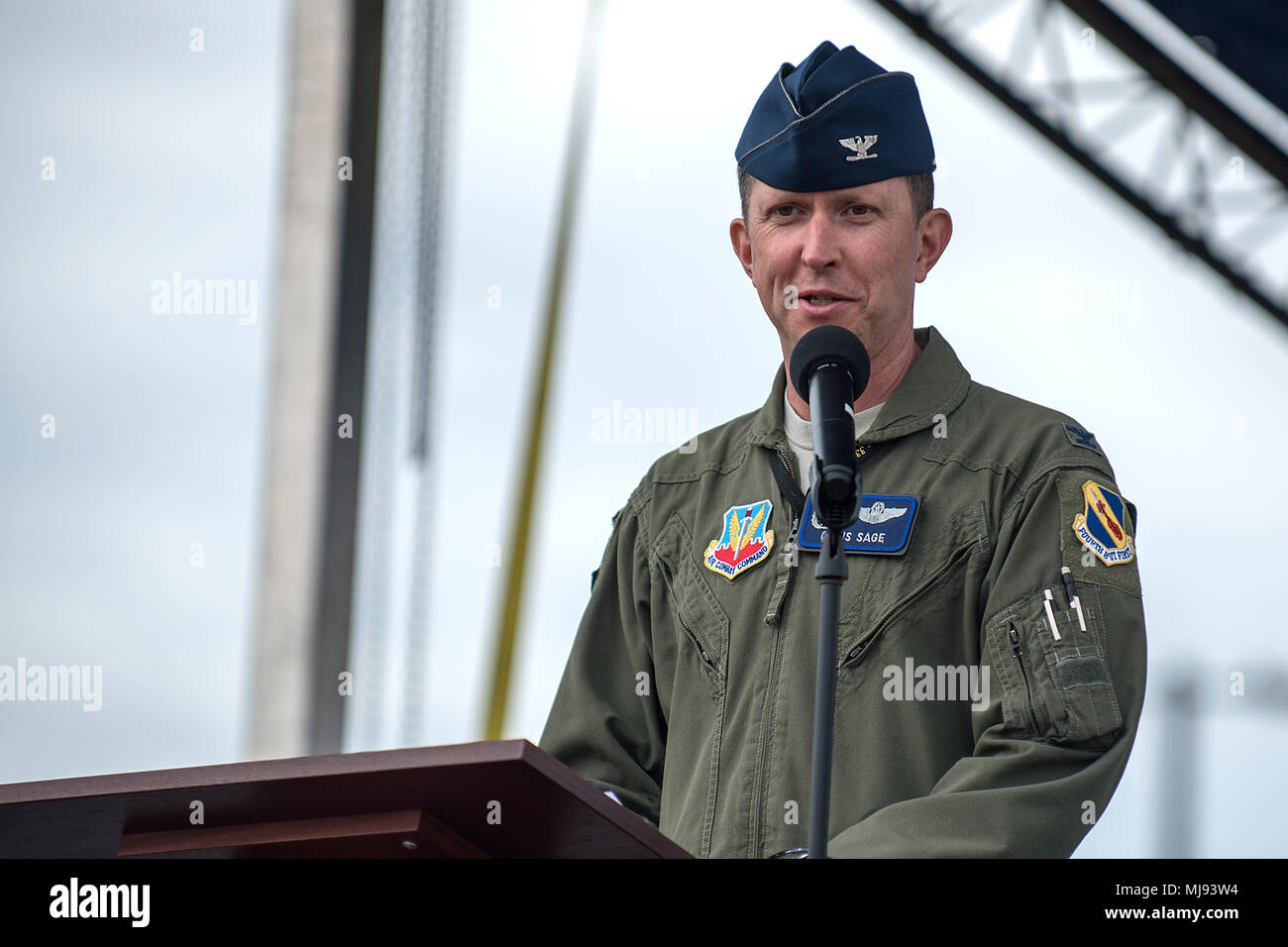 Col. Christopher Sage, 4th Fighter Wing commander, speaks during ribbon-cutting ceremony of the Bryan Multi-Sports Complex in Goldsboro, North Carolina, April 23, 2018. The sports complex is a joint venture with Seymour Johnson Air Force Base, North Carolina, and the city of Goldsboro. (U.S. Air Force photo by Tech. Sgt. David W. Carbajal) Stock Photo