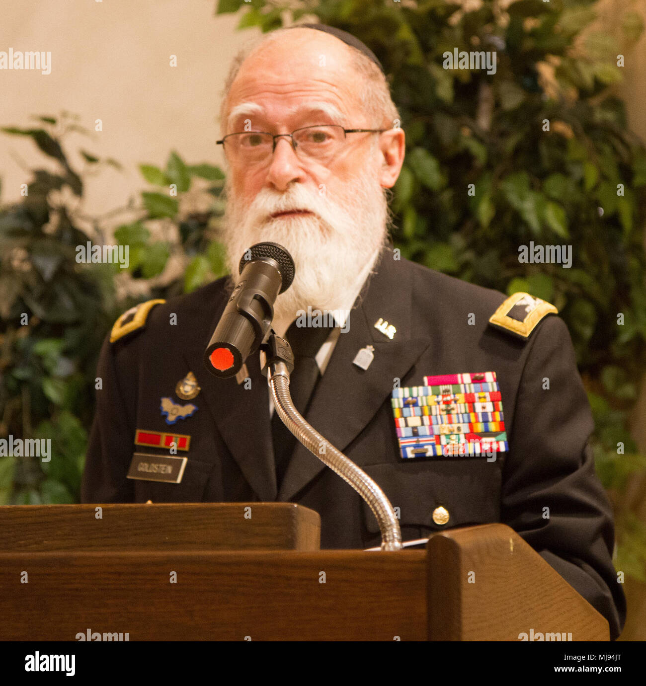 Retired Chaplain (Col.) Jacob Goldstein, guest speaker, addresses the