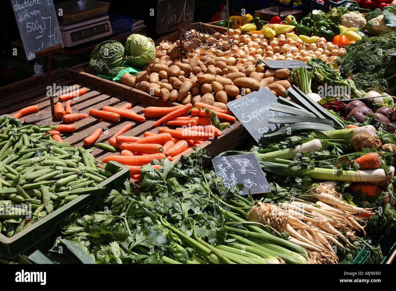 Vegetable stand at a marketplace in Mainz, Germany. Farmers market. Stock Photo
