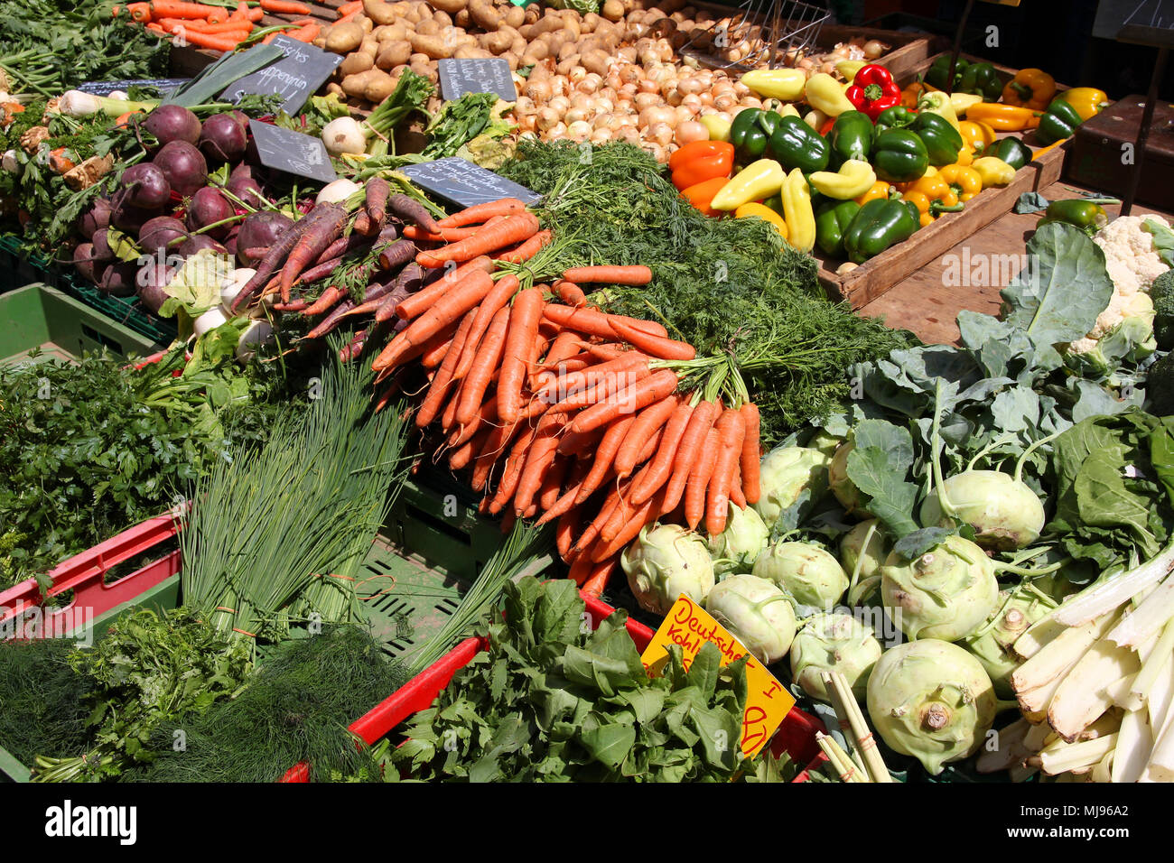 Vegetable stand at a marketplace in Mainz, Germany. Farmers market. Stock Photo