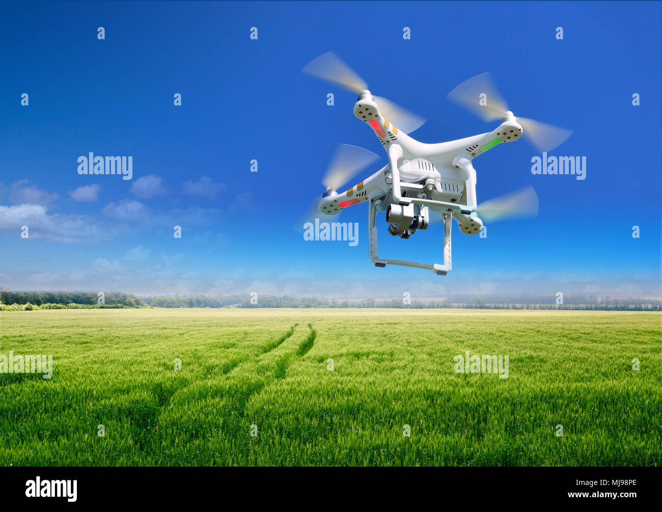 Dolzhanskaya. Russia: 02.05.2018, Image of the Dji Inspire 1 drone UAV quadcopter which shoots 4k video and 12mp still images and is controlled by wir Stock Photo