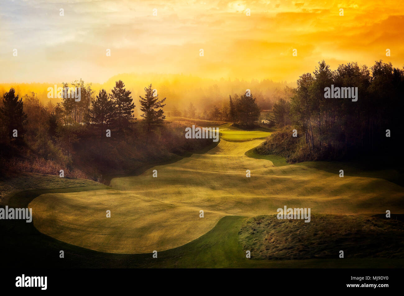 Early morning dew covers the fairway at the Quarry Course at Giants Ridge #9. Biwabik, Minnesota. Stock Photo