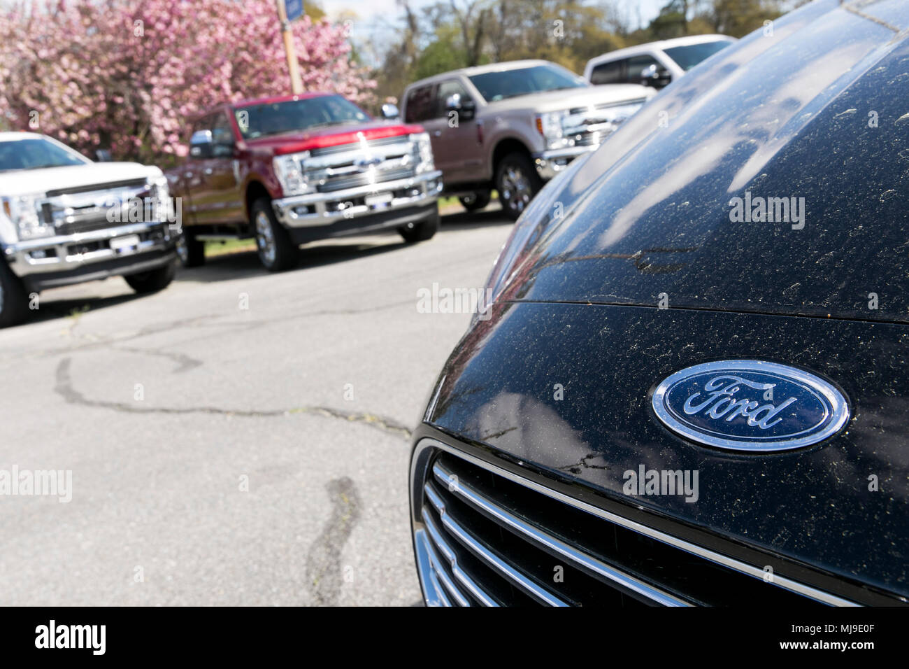 Ford Fiesta, Focus and Fusion passenger cars on a dealer lot with Pick-up trucks it the background in Seaford, Delaware on April 29, 2018. Stock Photo