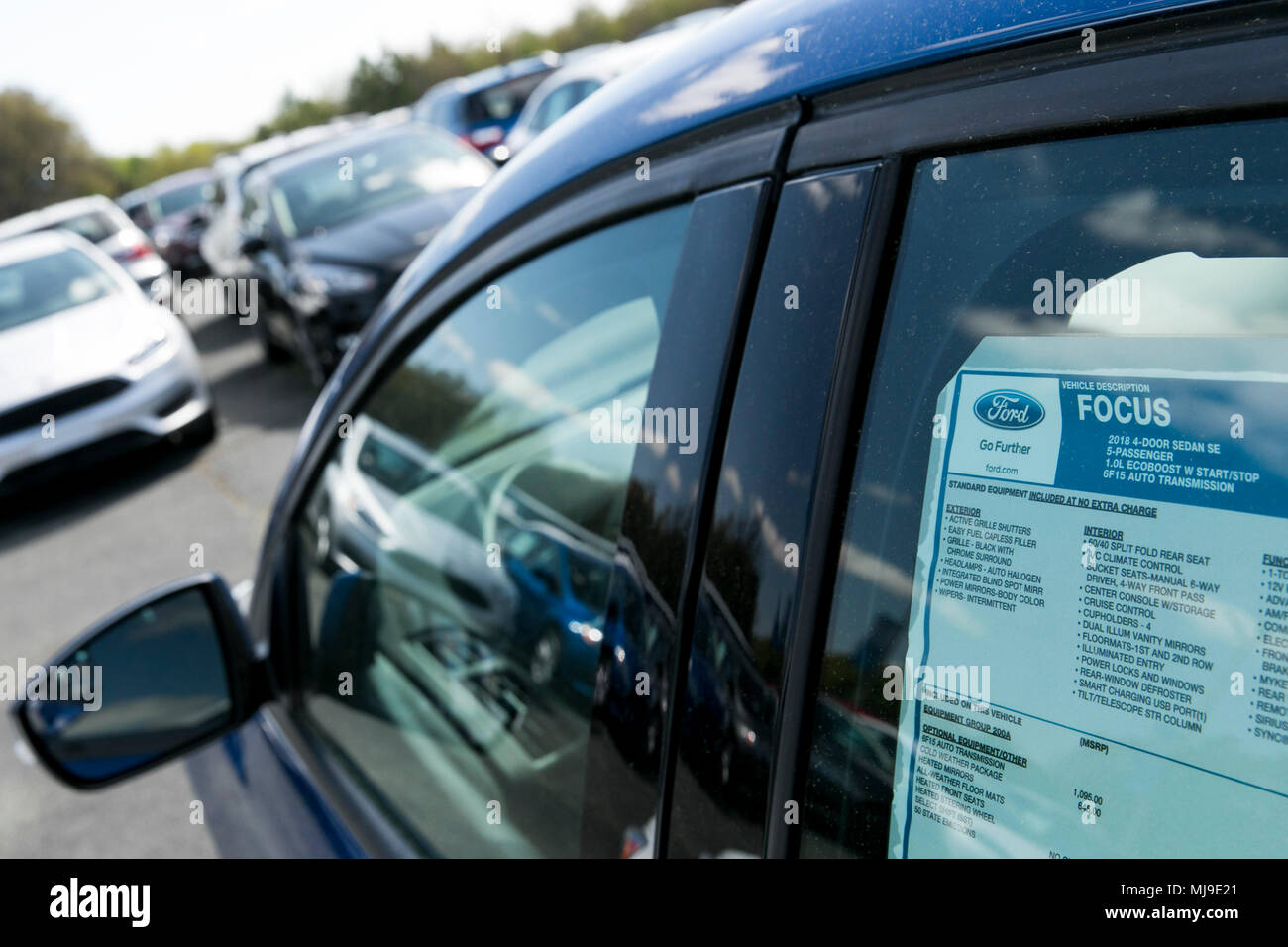 Ford Fiesta, Focus and Fusion passenger cars on a dealer lot in Seaford, Delaware on April 29, 2018. Stock Photo