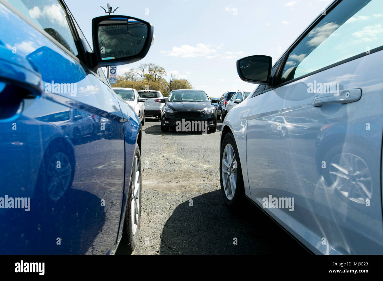 Ford Fiesta, Focus and Fusion passenger cars on a dealer lot in Seaford, Delaware on April 29, 2018. Stock Photo