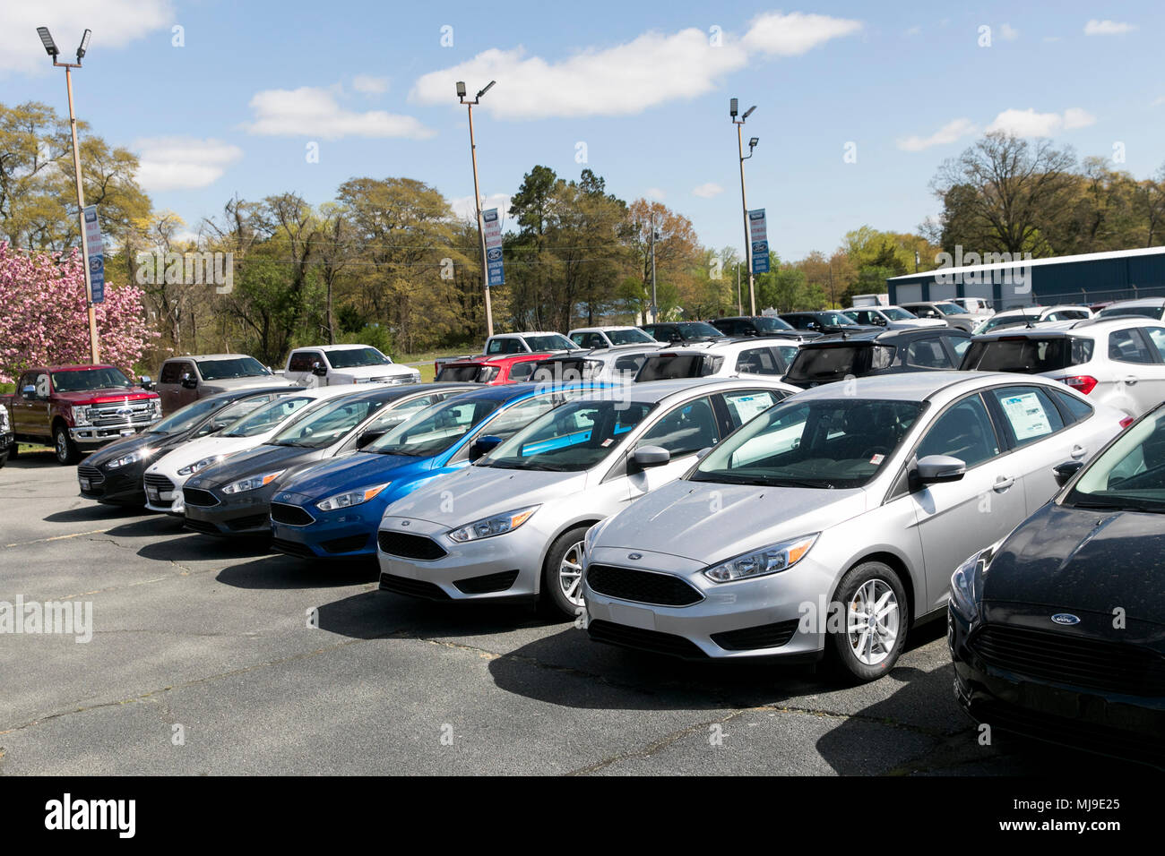 Ford Fiesta, Focus and Fusion passenger cars on a dealer lot in Seaford, Delaware on April 29, 2018. Stock Photo