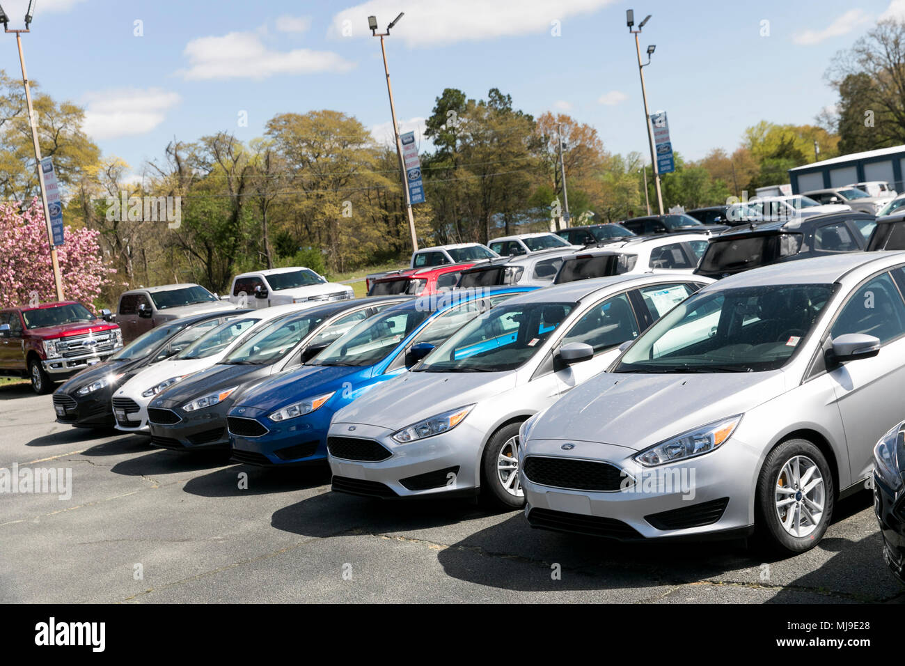 Ford Fiesta, Focus and Fusion passenger cars on a dealer lot in Seaford, Delaware on April 29, 2018. Stock Photo