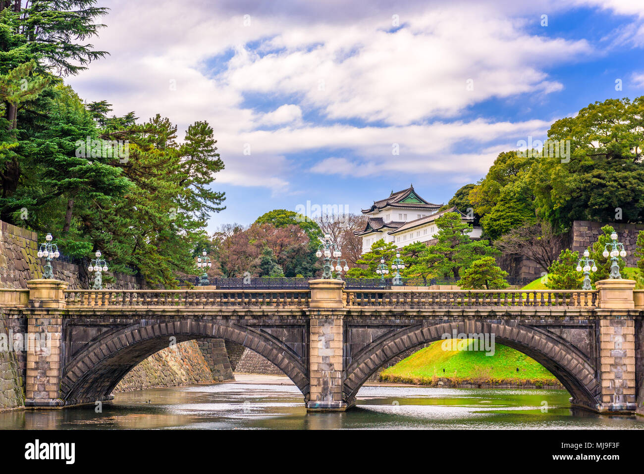 Tokyo, Japan at the Imperial Palace moat and bridge. Stock Photo