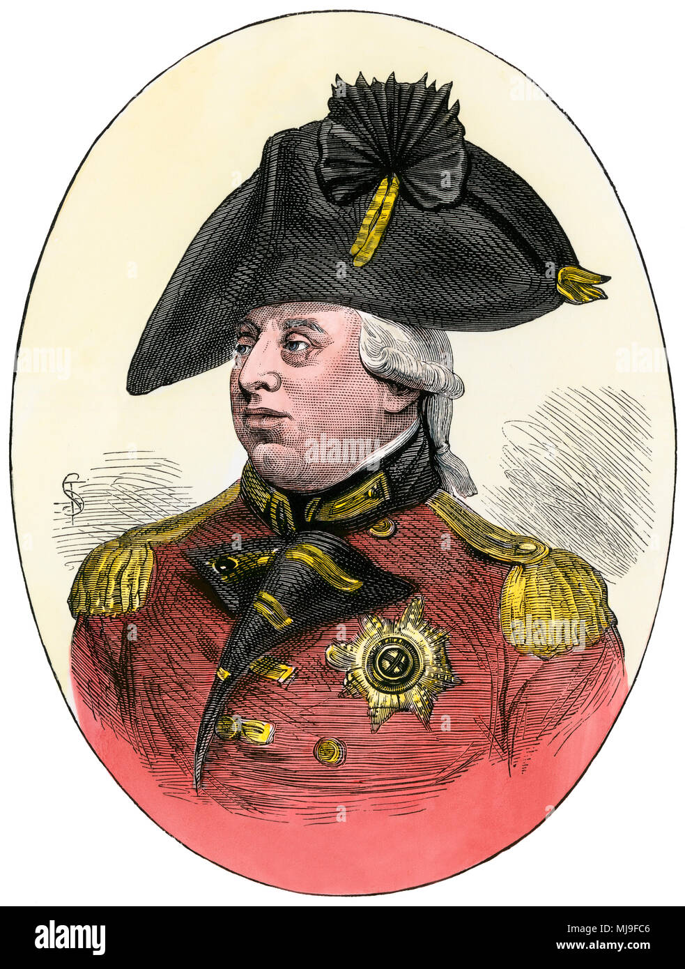 King George III in British officer's uniform. Hand-colored woodcut Stock Photo