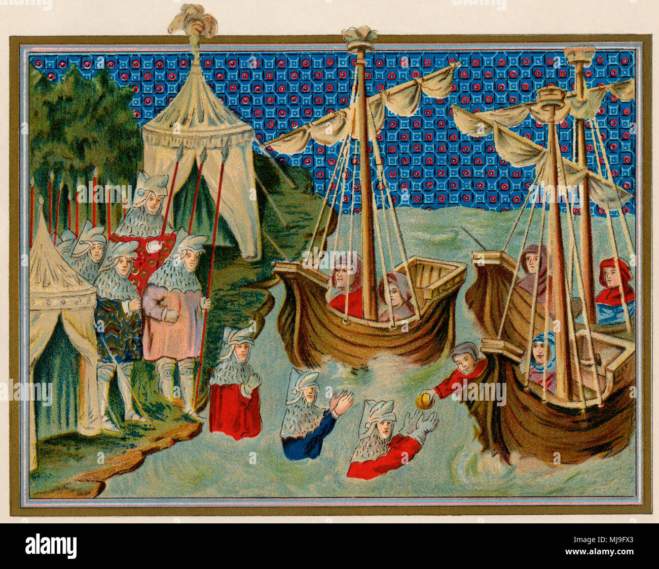 Richard II's ships bringing provisions to the English forces in Ireland, 1300s. Printed color lithograph Stock Photo