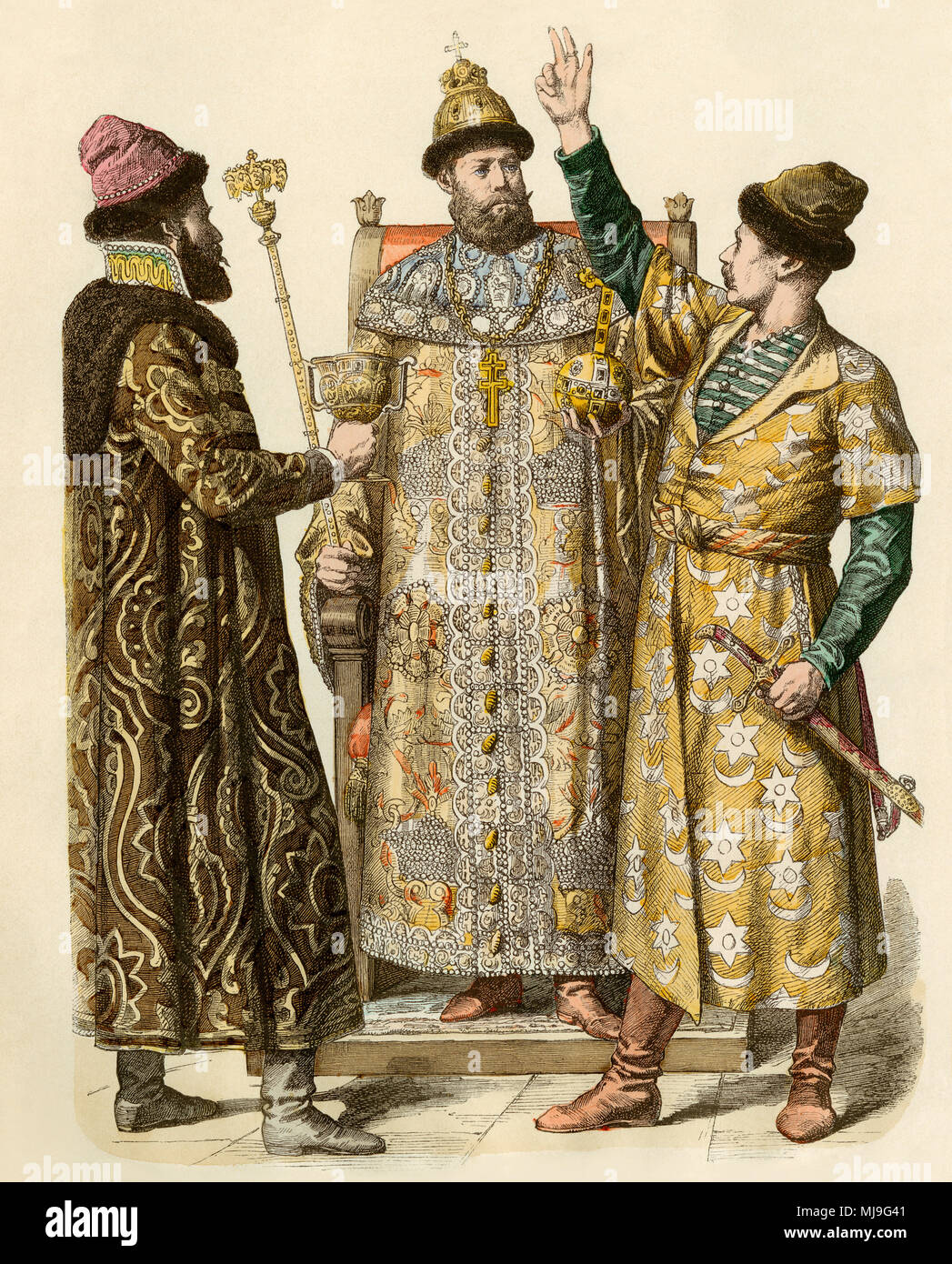 Czar Peter the Great arguing with Russian boyars, or nobles. Hand-colored print Stock Photo