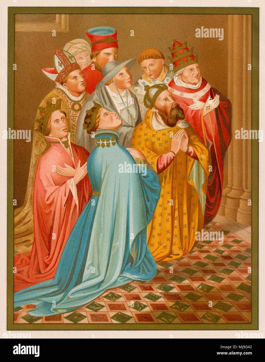 Ferdinand I of Aragon with queen Eleanor of Alburquerque, Emperor Sigismund, and Pope Martin V. Lithograph from Carderera's 'Iconografia Espanola' Stock Photo