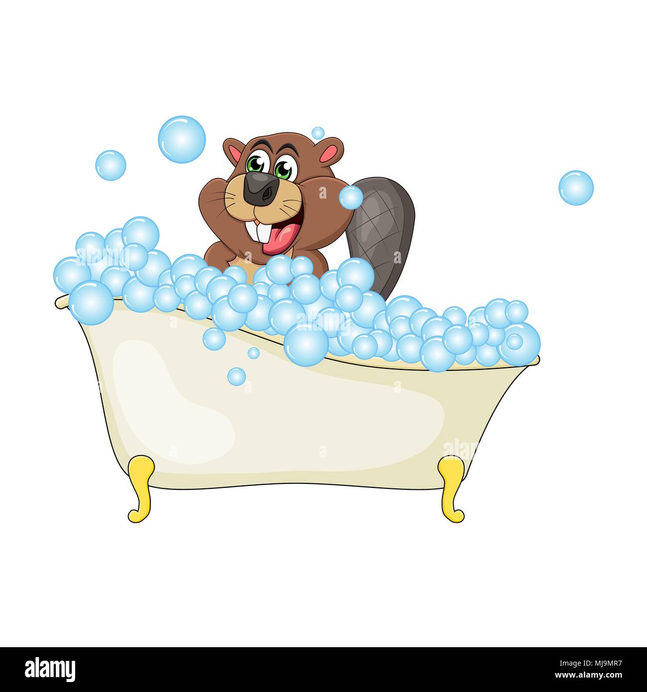 Cartoon beaver in bathtub witth bubbles isolated on white background Stock Vector