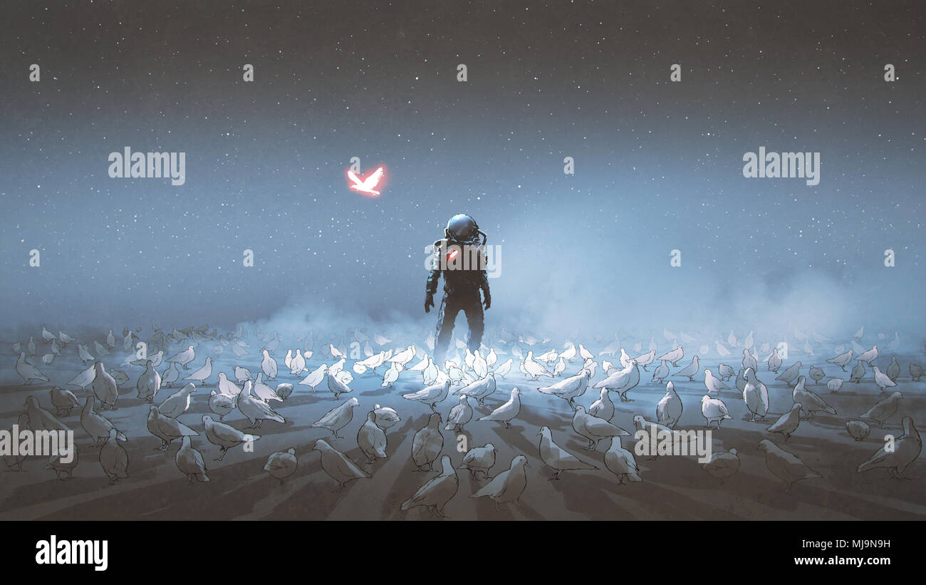 astronaut standing among flock of bird, single glowing unique bird flying around, digital art style, illustration painting Stock Photo