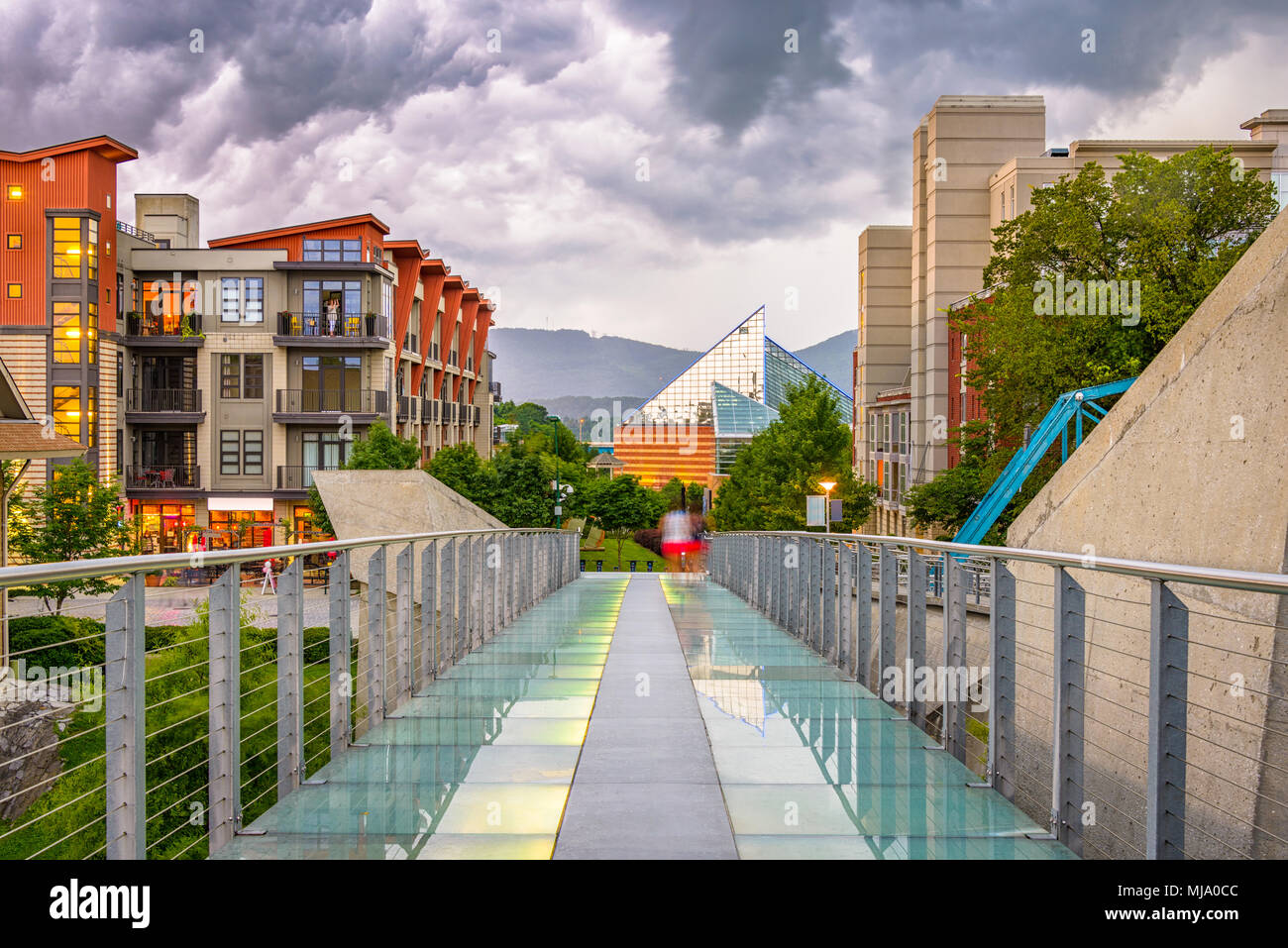 Chattanooga, Tennessee, USA downtown walking path and cityscape at