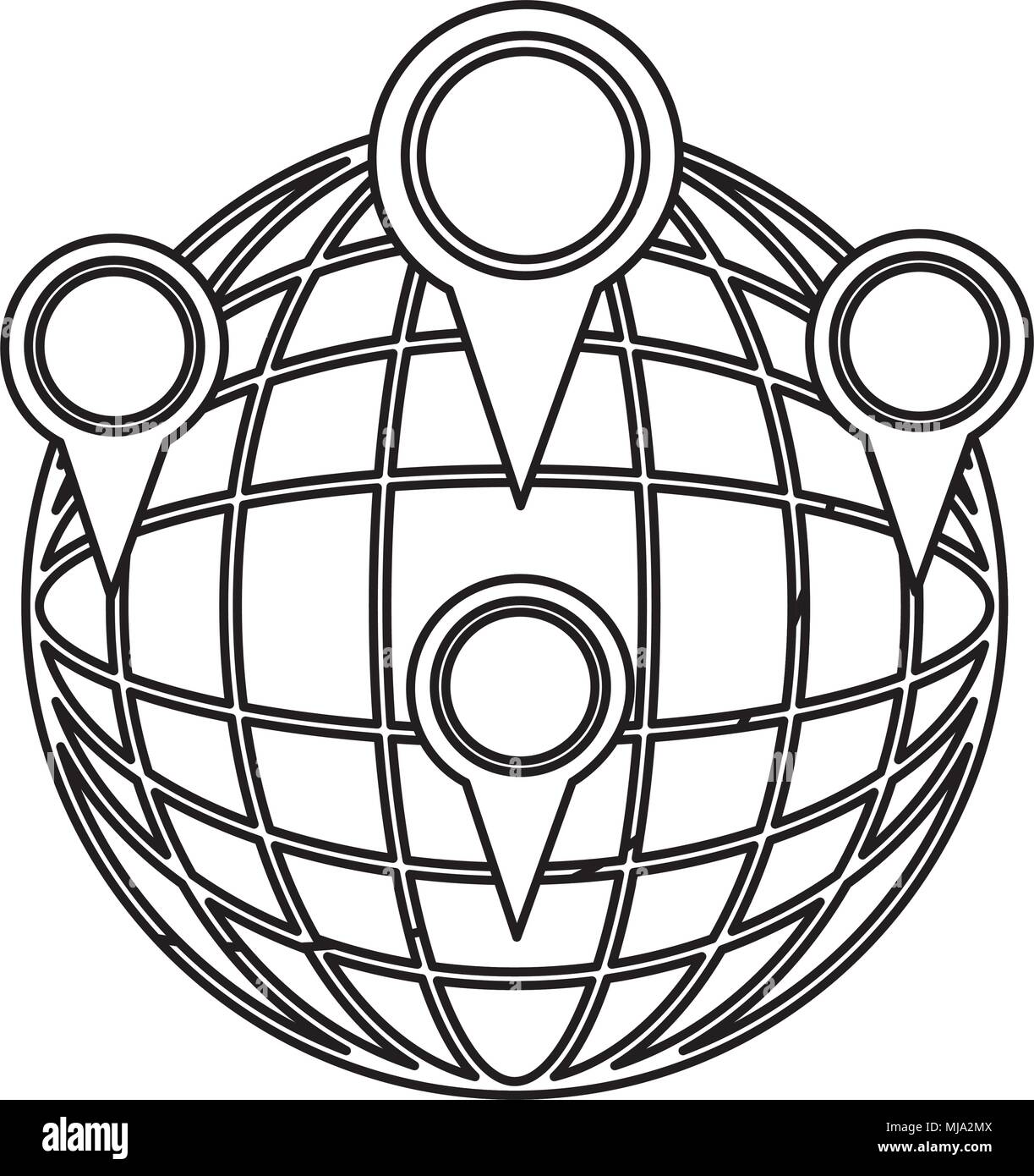 sphere planet with pins locations vector illustration design Stock Vector