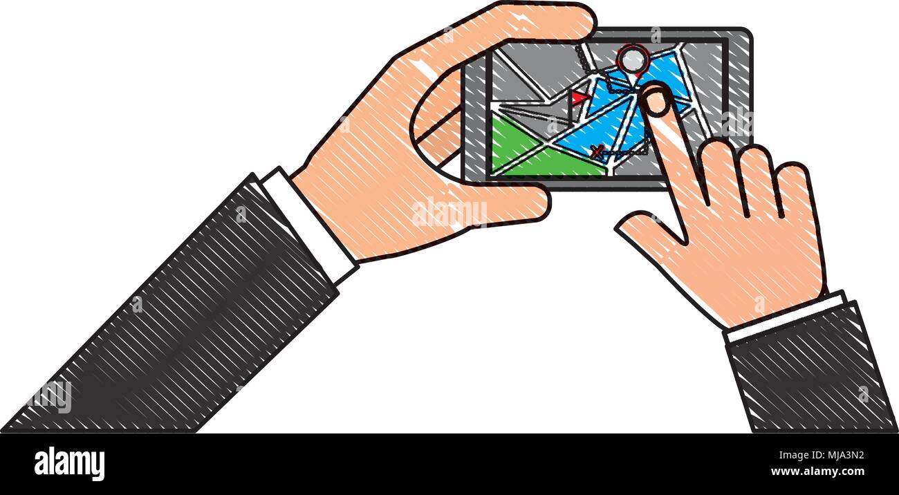 hand holding smartphone and touching screen with mobile map gps ...
