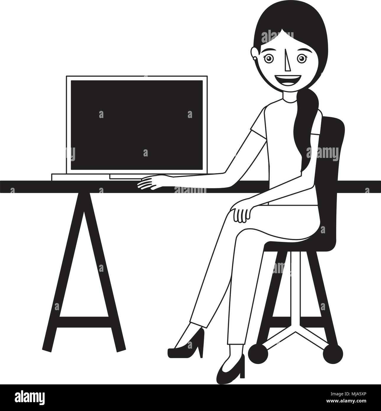 woman sitting in the office chair desk and computer vector illustration Stock Vector