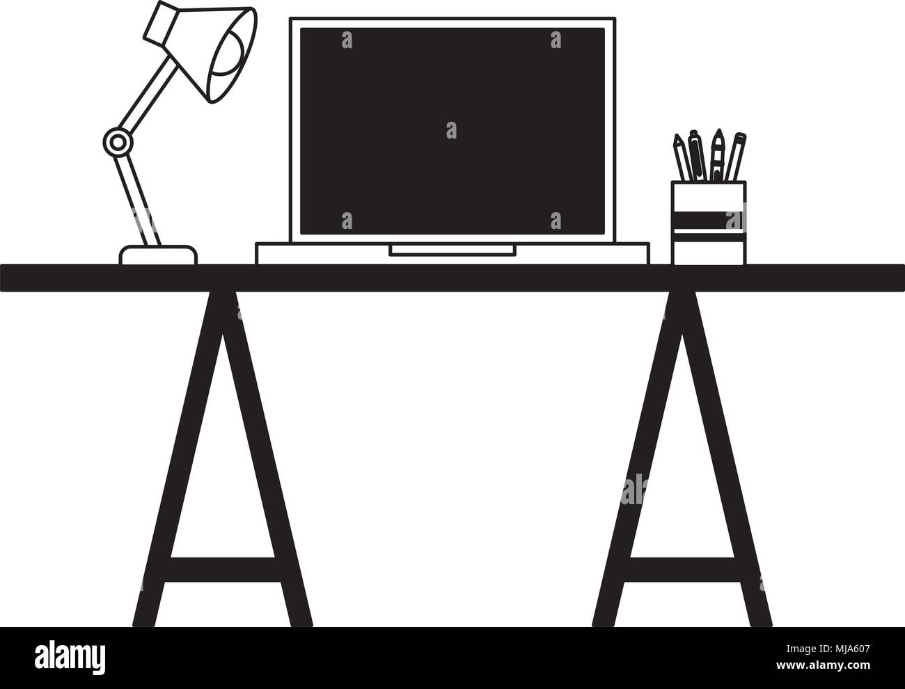 workspace desk laptop lamp and pencils pen vector illustration Stock ...
