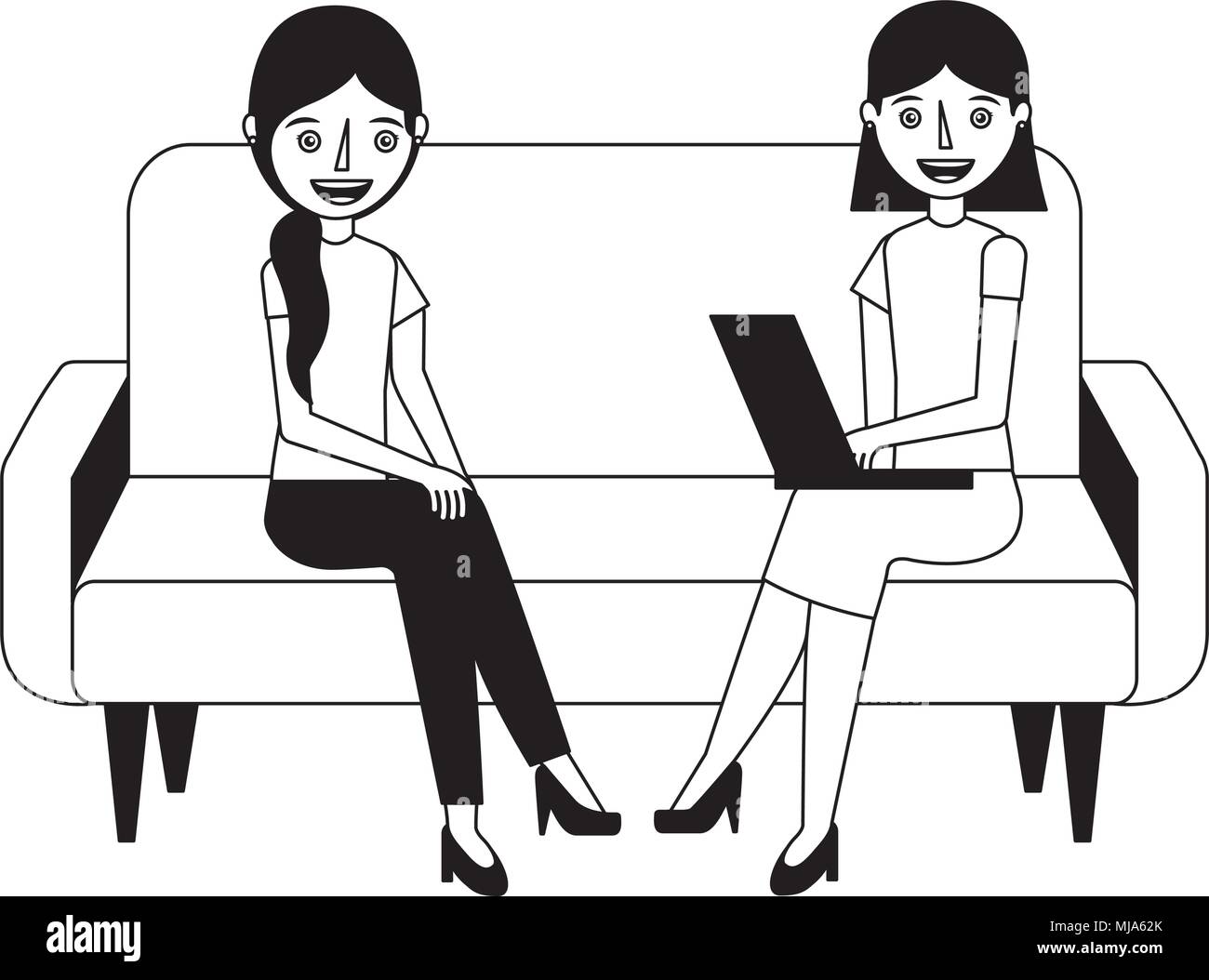 young women sitting on sofa with laptop vector illustration Stock ...