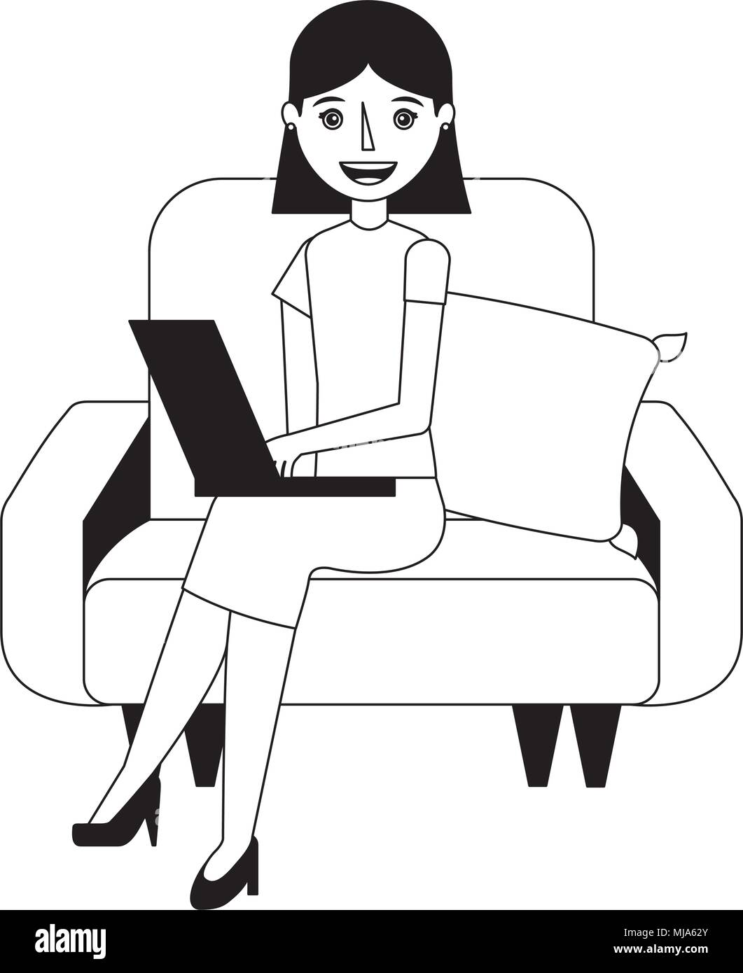 young woman with laptop sitting in the sofa vector illustration Stock ...