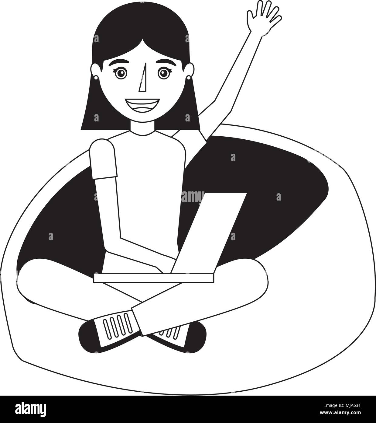 young woman with laptop sitting in the bean bag chair vector ...