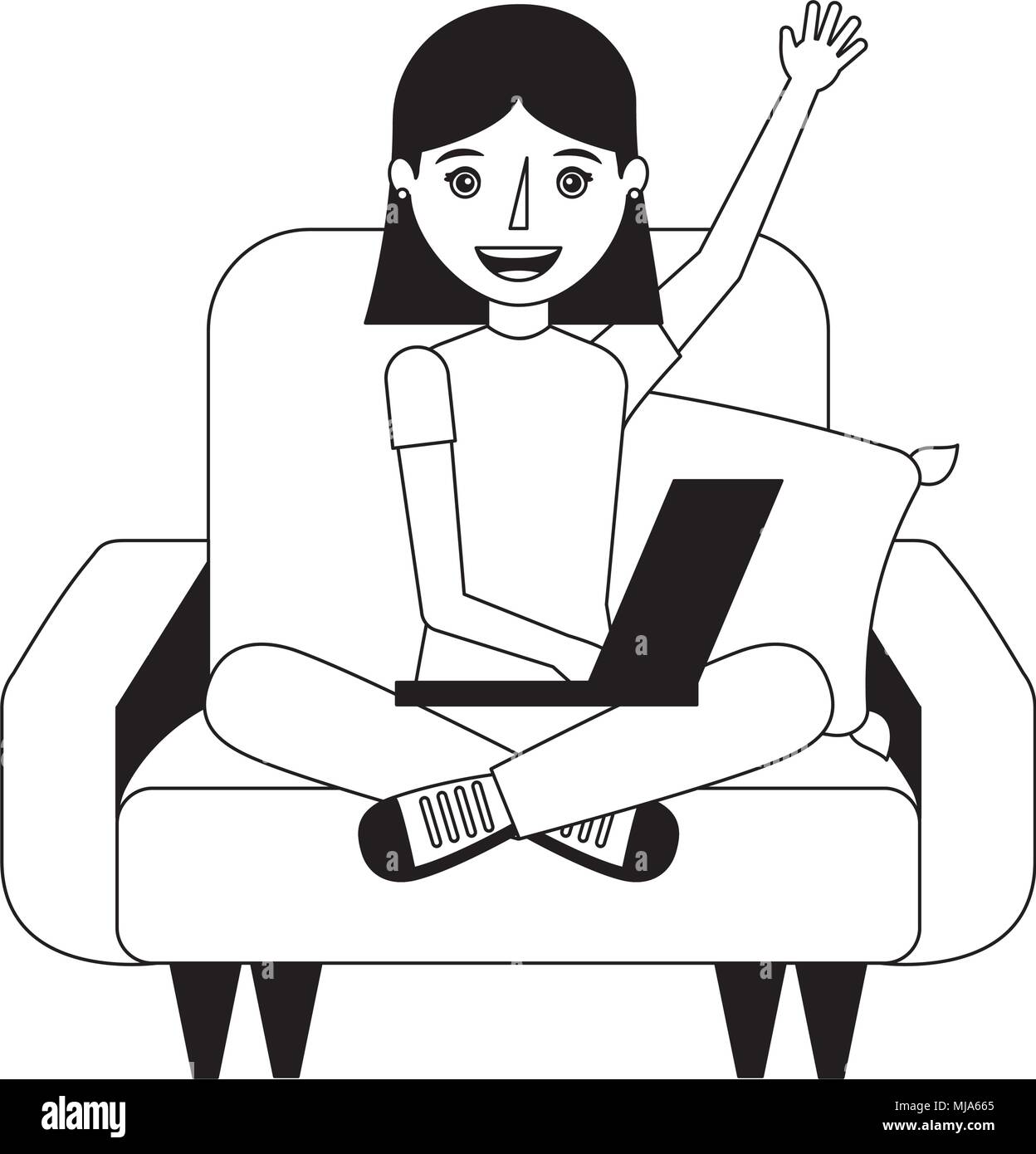 young woman with laptop sitting in the sofa vector illustration Stock ...