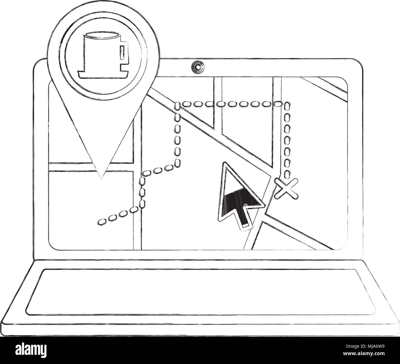 laptop map gps navigation pin coffee cup shop mark vector illustration sketch Stock Vector