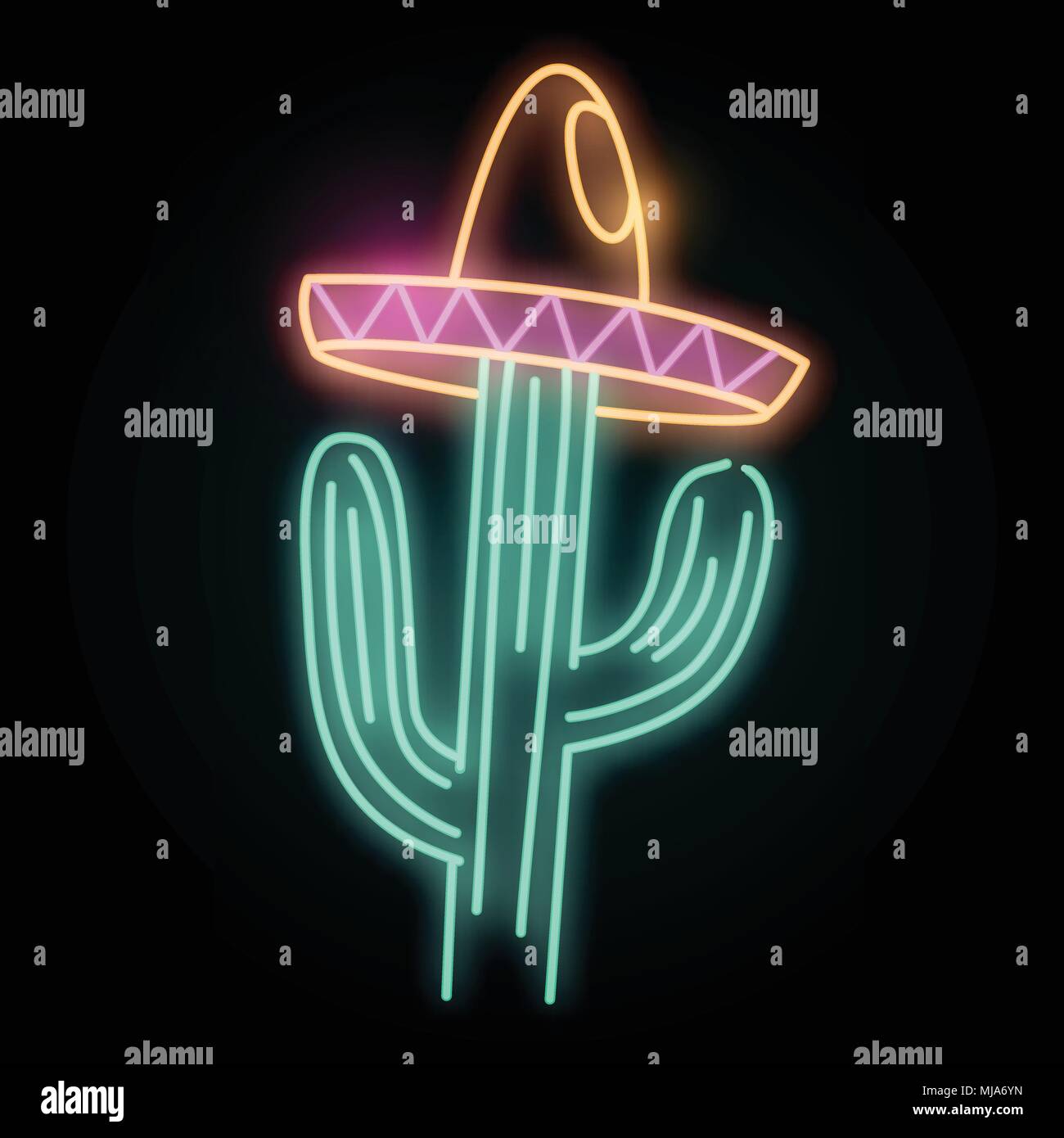 A neon glowing light in the shape of a cactus plant wearing a hat. Vector illustration. Stock Vector