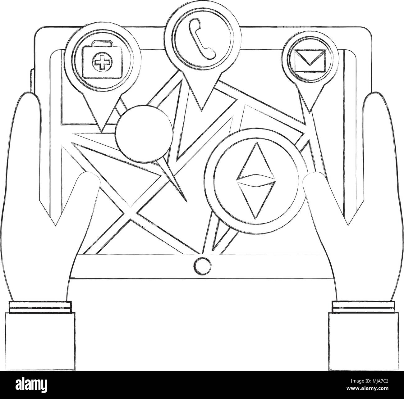 hands holds tablet with mobile gps navigation map with markers vector ...