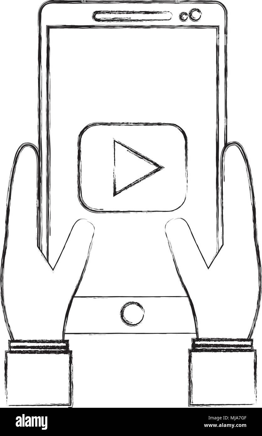 hand holds smartphone with video player button vector illustration ...