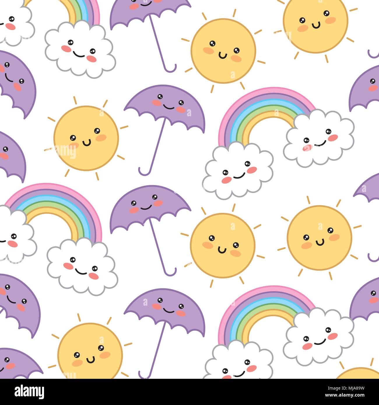 rainbow with sun and umbrella pattern kawaii character vector ...