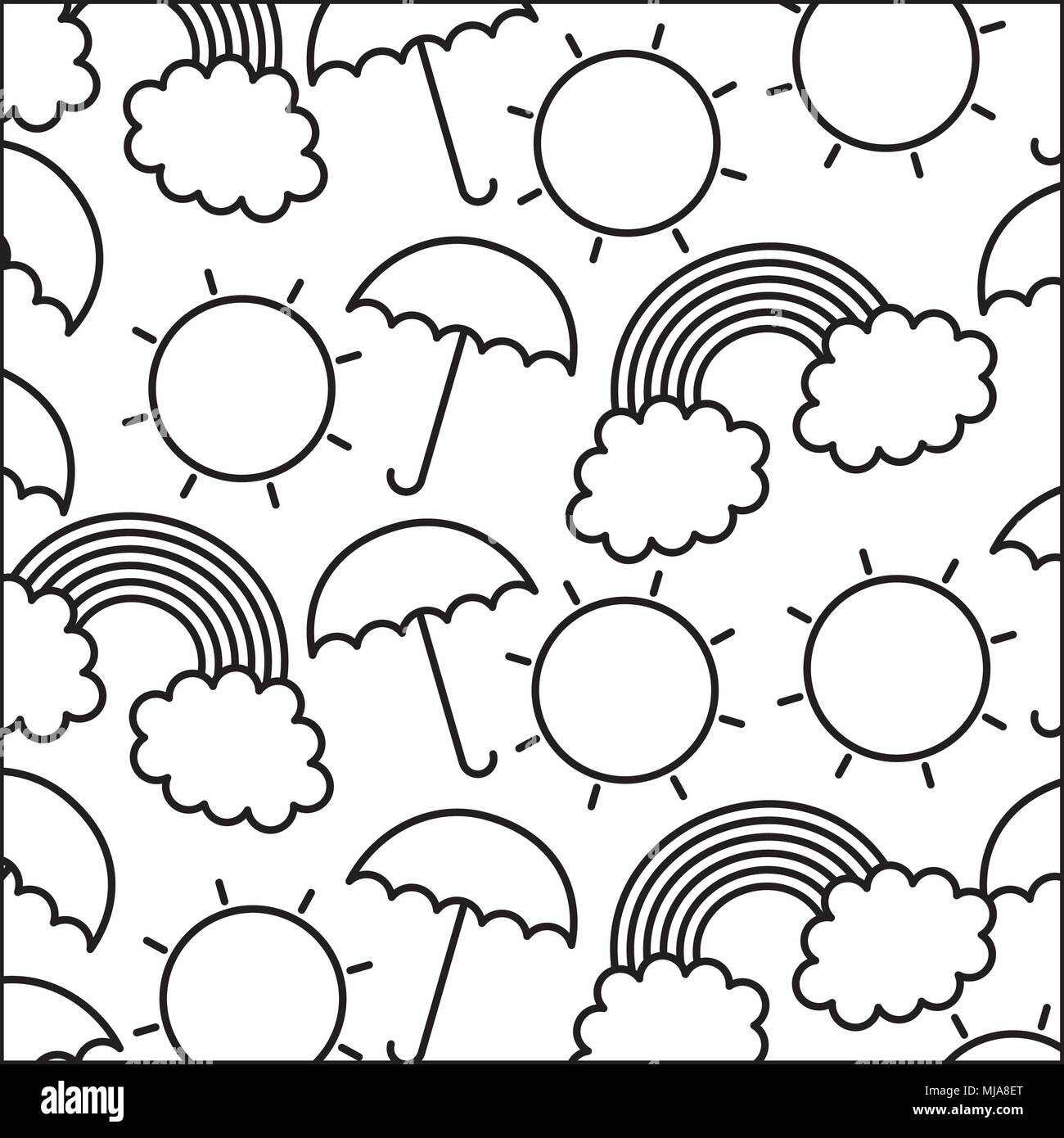 rainbow with sun and umbrella pattern kawaii character vector ...