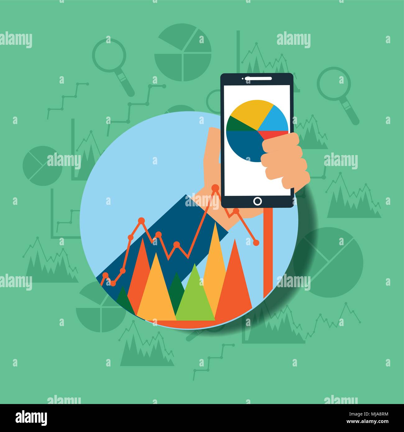 hand holding smartphone chart business network vector illustration ...